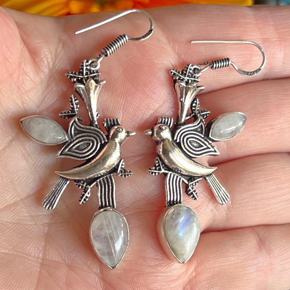 Rainbow Moonstone Earrings Long Handmade Gemstone Crystal 925 Silver Bohemian - Picture 3 of 9